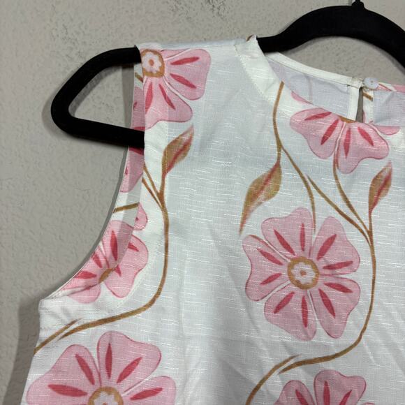 Commense Size XS Mini Shift Dress White Pink Floral Crew Neck Sleeveless Stretch - Picture 4 of 8